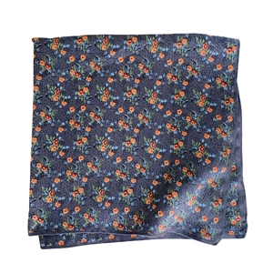 Floral print pocket square with herringbone texture in navy blue and orange floral pattern