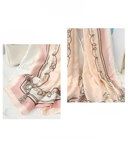Detailed close-up showing the rolled edge craft and elegant chain print on silk scarf