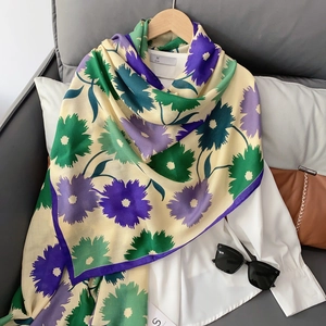 Elegant floral cotton-linen scarf for women with blue flower pattern on beige fabric