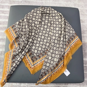 Minimalist beige linen cotton scarf with yellow border and brown geometric patterns