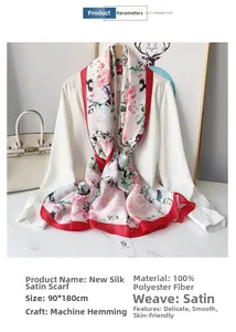 Detail of floral print silk scarf 90x180cm draped on shirt in a lifestyle setting