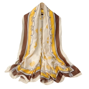 Elegant silk-like scarf with nautical anchor and rope print in yellow and brown tones