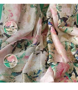 Detail of floral printed silk scarf with elegant oil painting pattern and soft texture
