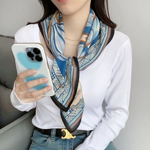 French style blue castle silk scarf with artistic geometric patterns and soft texture