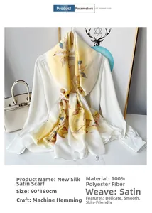 Detailed view of long chiffon scarf with autumn leaf pattern and 90x180cm size info