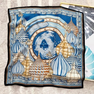 French style square scarf with blue star sky and golden castle architectural pattern