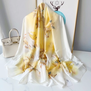 Elegant yellow and white floral chiffon silk scarf shawl for women with nature leaf pattern