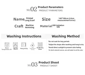 Size chart and washing guide for a 140x180cm printed silk shawl with rolled edges