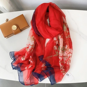 Red chiffon silk scarf with cherry blossom floral print and blue border for women