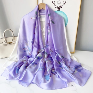 Elegant purple chiffon floral scarf with blue leaf patterns for spring and summer fashion