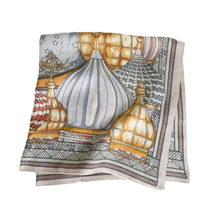 French style square silk scarf featuring blue castle architecture and herringbone patterns