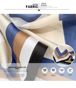 Detail of breathable faux silk chiffon fabric with blue and white striped pattern