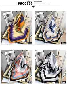 Detail view of four colorful geometric patterns on silk-like decorative scarves