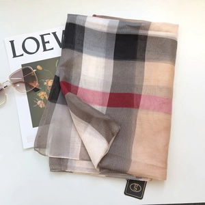 Elegant large check pattern chiffon scarf for sun protection in classic beige and black
