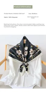 Detail of 90x90cm floral faux silk scarf with white magnolia print and striped border