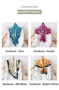Detail view of four elegant floral gardenia patterns on lightweight silk-like scarves