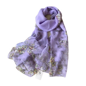 Light purple floral chiffon sun shawl scarf for women, breathable gauze wrap