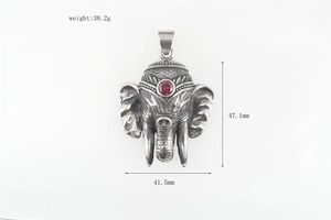 Detail view of 3D elephant pendant with red gemstone showing 47.1mm height and 41.5mm width