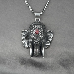 Retro Stainless Steel Elephant Head Pendant Necklace With Red Zircon Vintage Ganesha Style Punk Jewelry For Men Women Party Accessory