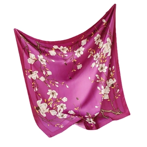 Elegant magenta silk-like square scarf with white magnolia floral print for women