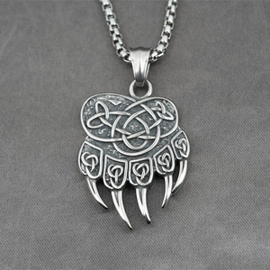 Collier pendentif patte d'ours viking en acier rétro avec motifs de nœuds celtiques