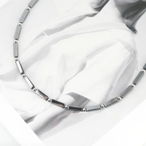 Chic unisex titanium steel beaded necklace with metallic grey bar beads and silver spheres