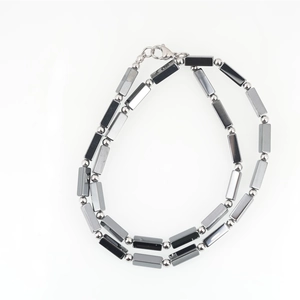 Titanium steel double-layer necklace with grey hematite rectangle beads and silver lobster clasp