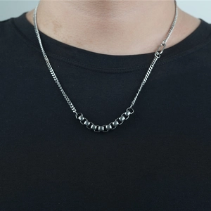 Unisex Industrial Style Titanium Steel Necklace Splicing Cuban Chain With Geometric Square Beads Metal Pendant Jewelry