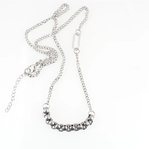 Minimalist silver stainless steel mixed chain necklace with metallic bead pendant accents