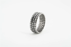 Macro shot of punk style dragon scale texture on retro silver stainless steel ring