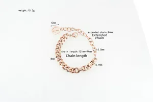 Detailed technical diagram of rose gold Cuban link bracelet with peace sign charm size specs