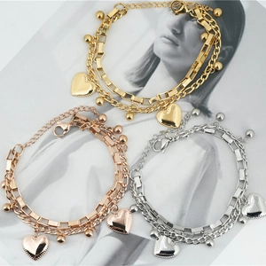 Double Layer Titanium Steel Heart Pendant Bracelet For Women Gold Rose Gold Silver Adjustable Fashion Jewelry Gift