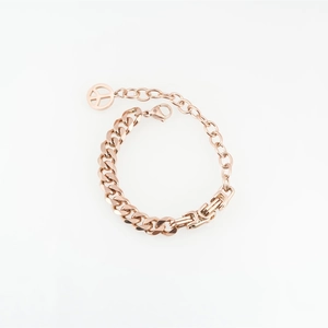 Rose gold curb chain bracelet with a round peace sign pendant for women and men