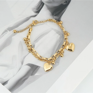 Double-layered gold titanium steel heart bracelet with rectangle links and bead charms