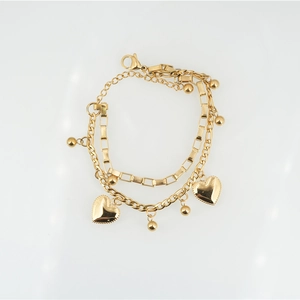 Double-layer gold stainless steel chain bracelet with heart pendants and round beads