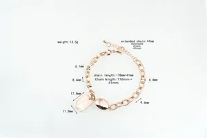 Detailed view of rose gold titanium bracelet with Good Luck tag and size measurements