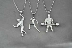 Tre ciondoli fitness argento con motivi bodybuilding, corsa e bilanciere