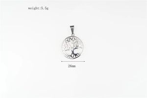 Detail of tree of life stainless steel pendant showing 26mm diameter and 5.5g weight
