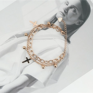 Women's Double Layer Rose Gold Titanium Steel Bracelet Cross Pendant Polished Beads Smiley Face Heart Fashion Jewelry