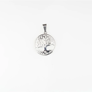 Polished stainless steel Tree of Life hollow circular pendant necklace in silver finish