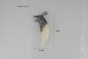 Detailed view of vintage wolf head pendant with ivory-colored tooth and size dimensions