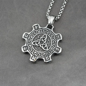 Vintage Viking Gear Pendant Necklace Titanium Steel Valknut Symbol Celtic Knot Rune Letters Punk Rock Jewelry For Men Women