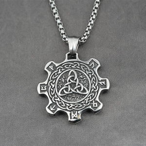 Vintage stainless steel gear pendant necklace with Viking runes and Triquetra symbol
