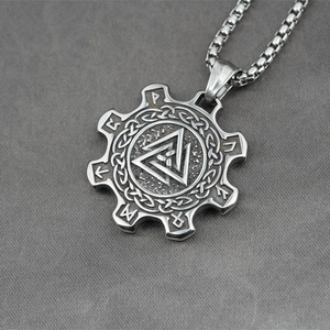 Vintage stainless steel Valknut gear pendant necklace with Nordic runes and Celtic patterns