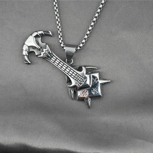 Vintage Stainless Steel Guitar Axe Bull Head Pendant Necklace For Men Retro Rock Punk Hip Hop Chinese Style Jewelry Gift