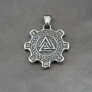 Vintage titanium steel gear necklace with Valknut symbol and Elder Futhark runes