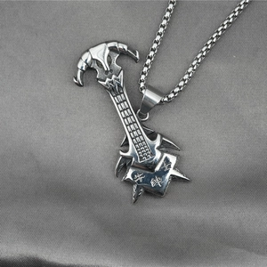 Vintage punk necklace with silver bull head guitar pendant on a classic box chain link