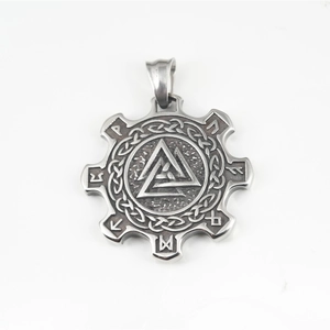 Vintage titanium steel gear necklace featuring Valknut symbol and Viking runes pendant