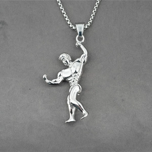Collana hip hop in acciaio inossidabile argento lucido con ciondolo da bodybuilder muscoloso