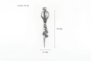 Macro shot showing dimensions and weight of the vintage steel vajra pestle pendant